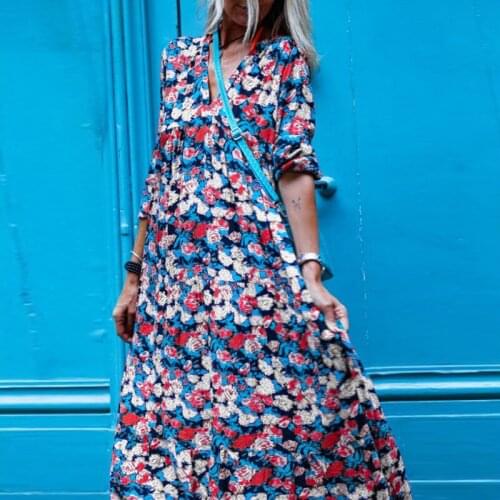 New Women Fashion V-Neck Long Sleeve Party Dress Autumn Casual Loose Harajuku Floral Printed Dresses Lady 2021 Loose Beach Dress