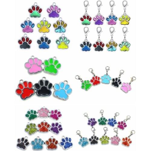 100pcs 16mmx18mm Enamel Candy color Paw footprint Cat Dog Bear Paw Prints charms with lobster clasp Keyring hang charms