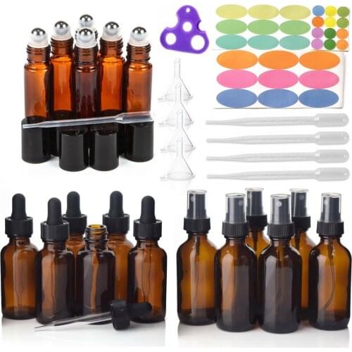 18pcs Empty Amber Glass Essential Oil Bottles with Stainless Steel Roll on Roller Balls & Accessories for Essential oils Perfume