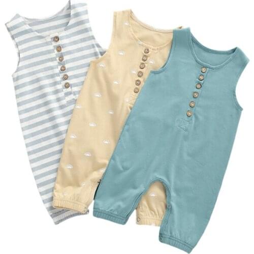 2020 Baby Summer Clothing Infant Baby Boy Sleeveless Romper Simple Infant Printing/Solid Color/Striped Jumpsuit Buttons Playsuit