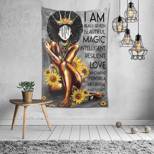 African American Black Girl Tapestry Wall Hanging Art Afro Women with Sunflower Inspirational Quote