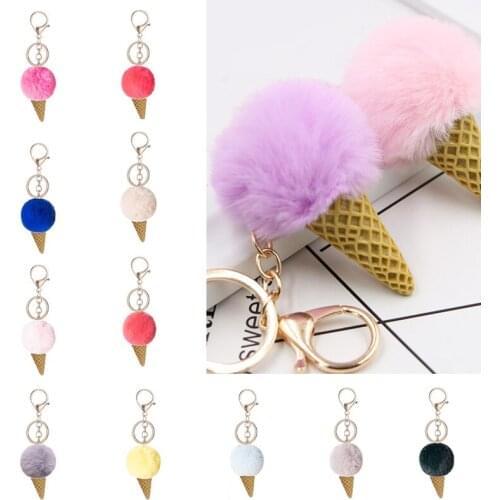 21Colors Rabbit Key Chain Round Metal Fur Pom Ice Cream Hair Bulb Bag KeyChain Ball Plush Car Ornaments Pendant Accessories