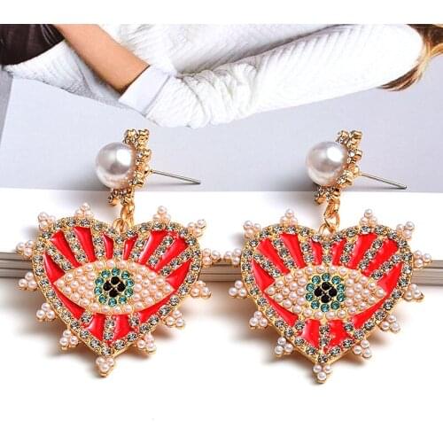 Bohemian Pearl Beaded Earring Statement Jewelry Love Heart Shaped Evil Eyes Drop Earrings For Women Female Wholesale