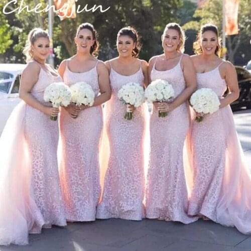 Chengjun High Quality French Lace Mermaid Detachable Long Pink Bridesmaid Dresses
