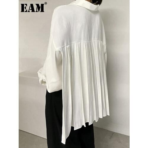 [EAM] Women White Back Ribbon Big Size Blouse New Lapel Long Sleeve Loose Fit Shirt Fashion Tide Spring Autumn 2021 1DE0895
