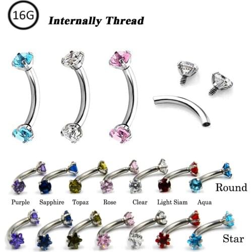 2pcs Prong Setting Star & Round Cubic Zircon Curved Barbell Piercing Eyebrow Bar Ring Banana Lip Retainers Ear Cartilage Helix