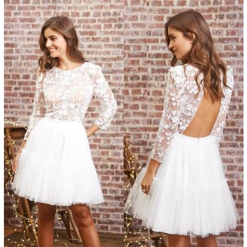 Bohemian Short A Line Wedding Dresses O Neck Long Sleeve Appliques Mini Bridal Gowns Plus Size Illusion Tulle Wedding Dress