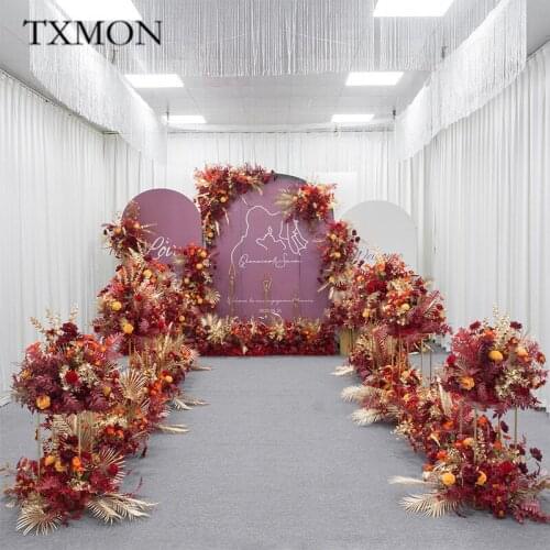 Red Gold Chinese Wedding Decor Simulation Flower Road Lead Silk Flower Stage Welcome Area Stage Hotel Decor Road Lead Flower Row