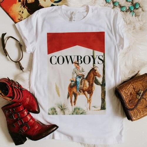 Kuakuayu HJN Vintage Style Cowboy Printed Graphic Tees For Women Cotton Loose O Neck Tops Short Sleeve Western Arizona Tshirt