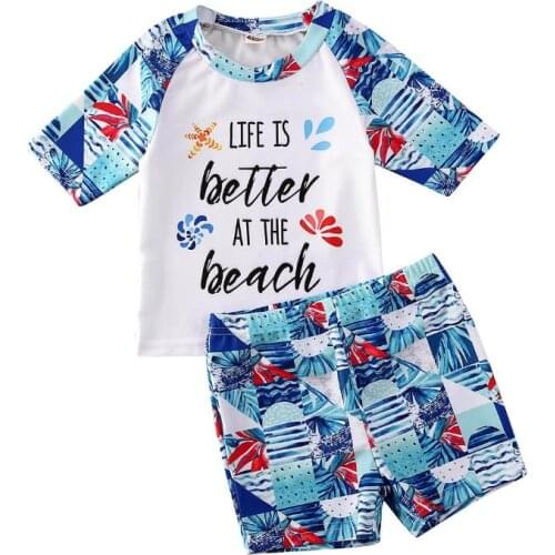 Baby Boys Summer Swimsuit Set Short Sleeve Letter Print O-neck TopsElastic Waist Swim Trunks 2Pcs Bathing Suit Childrens Sets