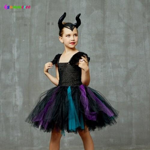 Maleficent Tutu Dress with Horns Girls Maleficent Halloween Witch Cosplay Costume Feathers Embellished Tulle Party Dresses