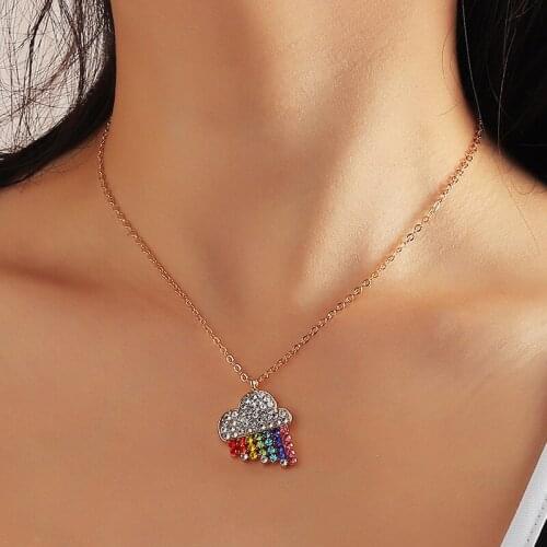 Fashion Colorful Crystal Zircon Rainbow Rain Pendant Necklace Metal Alloy Gold Color Clavicle Chain Necklace For Women Jewelry