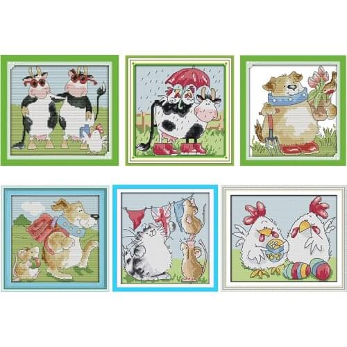 Stamped Cross Stitch Kit Joy Sunday Cows and Chicken Pattern 14CT 11CT Print Counted Handmade Embroidery Needlework Accessories