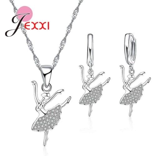 Special Lucky Ballerina Girl Rhinestone Jewelry Set Woman Fashion Necklace Earrings 925 Sterling Silver Valentines Day