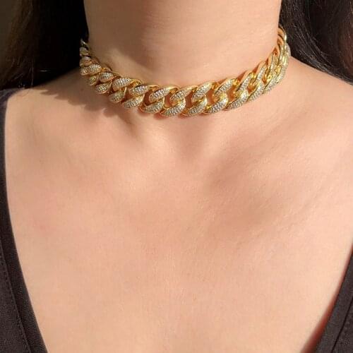 Luxury Heavy Cuban Link Necklace Micro Full pave Cubic Zirconia Gold color Chain Choker Bling Hip hop women Punk Fashion Jewelry