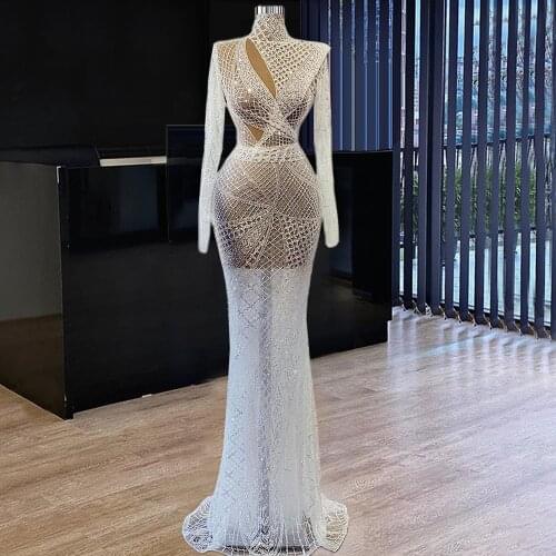 Handmade Long Sleeves Evening Dresses White Beading Formal Evening Gowns For Women Luxury Party Night Couture Robe De Soiree