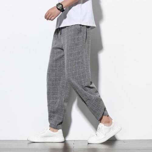Cotton Linen Harem Pants Men Plaid Elastic Waist Streetwear Joggers 2020 Autumn Wide-legged Baggy Casual Pants Trousers Men
