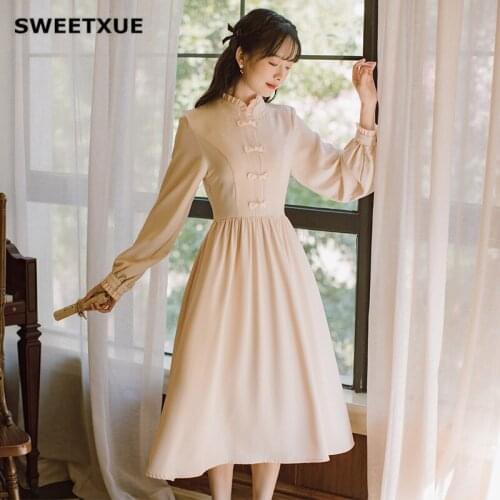 SWEETXUE Preppy Style Sweet Cute Kawaii Dress Long Sleeve Lace Literary Retro Solid Color Party Dress Women