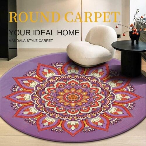 Top Round Carpet Ethnic Style Flower Mandala Printed Soft Carpets For Living Room Chair Rug Mat For Anti-slip Decor Home Floor