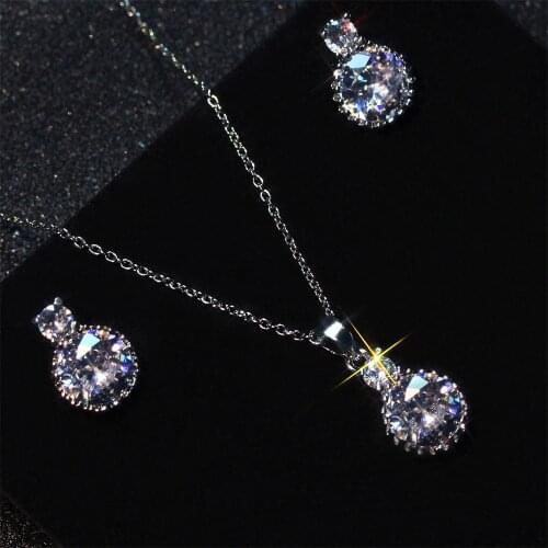 Vintage Female White Crystal Jewelry Set Charm Silver Color Stud Earring For Women Dainty Round Zircon Wedding Chain Necklace