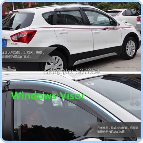 Higher star ABS material 4pcs black Windows visor,Rain eyebrow,rain block,shelter with bright trim for Suzuki S-cross 2014