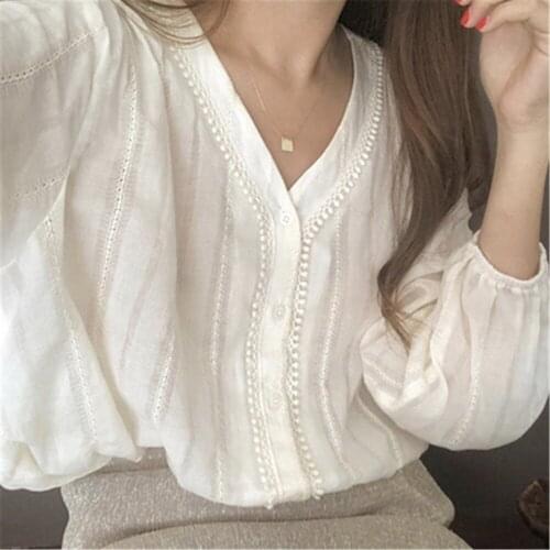 Korean 2020 Elegant V-neck lace shirt Female Korean Fashion White blouse Hollow out Women lace Tops PZ3258