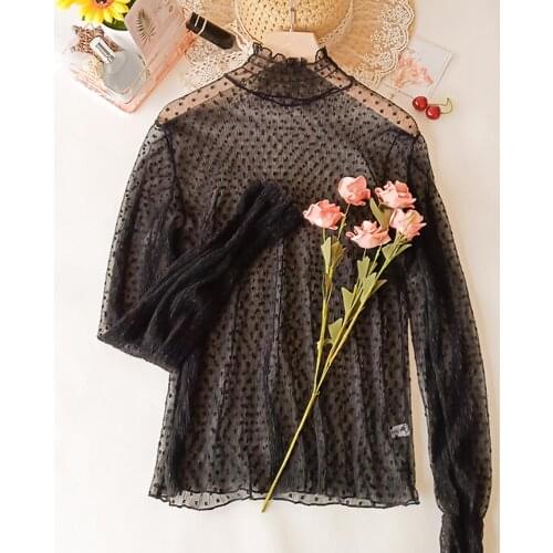 Women Turtle Neck Long Sleeve See Through Sheer Top Dots Print Blouse Womens Clothing блузка женская ropa de mujer 2020