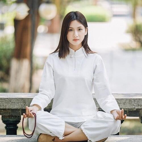 Women Tai Chi Kungfu Meditation Yoga Set Cotton Linen Spring Autumn Loose Outfits Workout Fitness Jogger Casual Set Sportswear