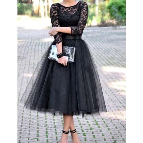 Gothic Black Vintage Short Tea Length 1950s Wedding Dresses With 3/4 Sleeves A-line Lace Tulle Bridal Gowns Custom Made