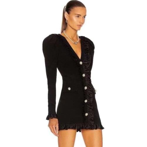Women Winter Fashion Sexy Long Sleeve V Neck Button Black Bodycon Blazer Dress 2021 Ladies Elegant Evening Party Club Dress