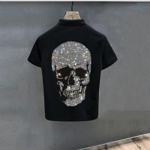 2021 Mens Lapel Polo Shining Skull Colorful Rhinestone Cotton Gradient Reflective Personality Shirt For Brand Summer