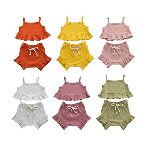 2020 Newest Summer Toddler Little Girls Outfits Set Cotton Casual Sleeveless Ruffle Vest Tops+Shorts+Headband 3pcs Toddler Suit