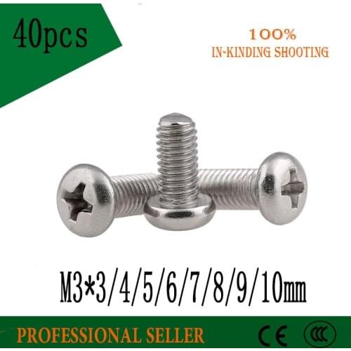 40PCS M3*3/4/5/6/7/8/9/10 mm screw GB818 half round 304 Stainless Steel flat Phillips head cross Truss head screw