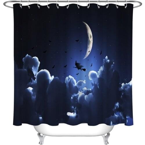 72'' Bathroom Waterproof Fabric Shower Curtain 12 Hooks Bath Accessory Sets Flying Bats And Witch On Halloween Night Cloudy Sky