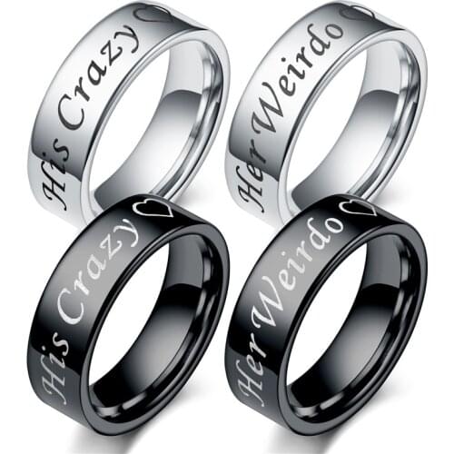 AsJerlya 316L Stainless Steel Couple Rings His Crazy Her Weirdo Letter Rings Anniversary Rings For Men Women Lovers Dropshipping