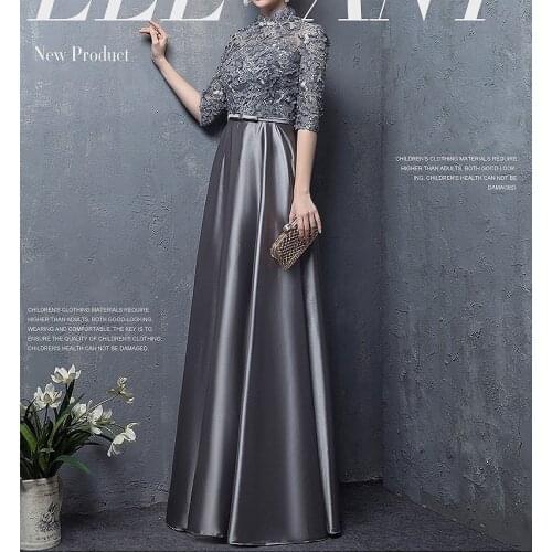 Silver Gray Satin Half Sleeves Mother of the Bride Dresses 2020 Wedding Party Guest Gowns 3D Flowers Lace Evening Mother Dresses