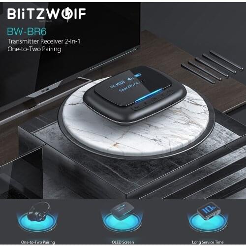 BlitzWolf BW-BR6 2 In 1 OLED Display bluetooth-compatible Audio Transmitter Receiver 3.5mm Aux 2RCA Wireless Audio Adapter Sound