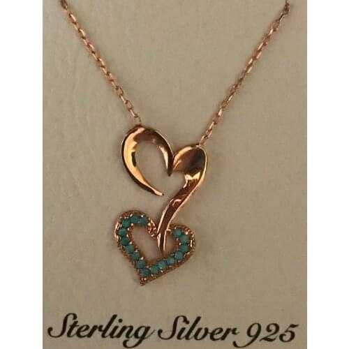 1 PIECE GOLDEN HEART PATTERN + 1 PIECE TURQUOISE STONE HEART PATTERNED ELEGANT NECKLACE WITH STONE STARLING SILVER 925