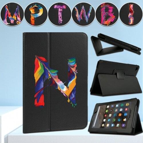 For Amazon Fire 7 HD 10 (5th/7th/9th Gen) /HD 8 (6th/7th/8th) Back Suppor Tablet Folding Stand Cover Case Painting Letter Series