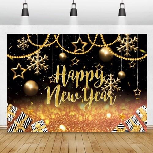 Happy New Year Backdrop For Photography Gold Jewelry Snowflakes Stars Gifts Christmas Party Customized Portrait Photo Background