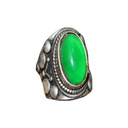 Chinese Old Craft Made Old Tibetan Silver Inlaid Green Jade Silver Ring
