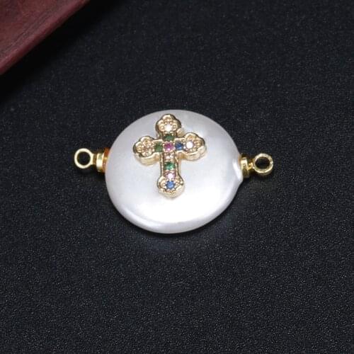 Micro paved mint deep blue mix cz gold religious cross charm round pearl beads connector for bracelet earring choker jewelry DIY