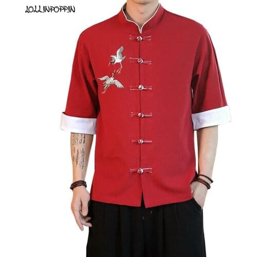 Crane Embroidery Chinese Style Mens Half Sleeve Casual Shirts Frog Closures Mandarin Stand Collar Cotton & Linen Red / Beige