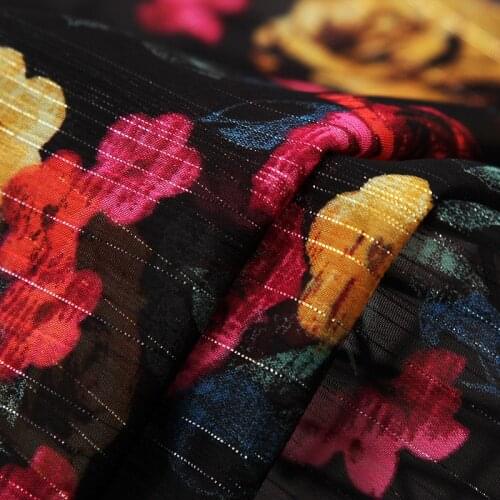 Soft Transparent Black Flower Silver Silk Printed Chiffon Tulle Fabric for Dress Shirts, by the Meter