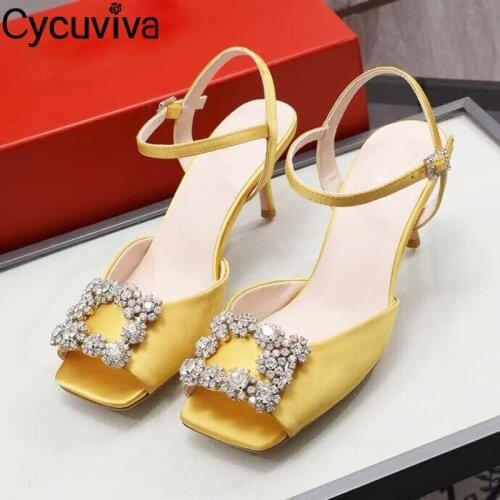 New Square Toe Silk Mules High Heel Gladiator Sandals Summer Square Buckle Crystal Shoes Woman Glitter Sandalias Mujer 2021
