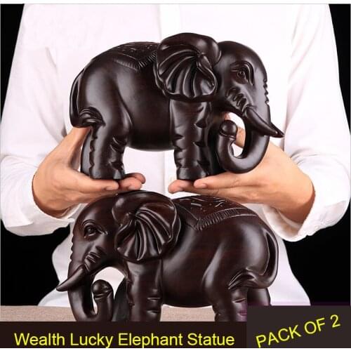 Pack of 2 Feng Shui Wood Carved Elephant Statue Rosewood Color Wealth Lucky Figurine Office Home Decor Sculpture Gift