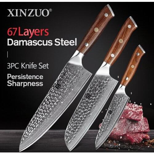 XINZUO Three Knife Set Damascus Steel Cutter 5+7+8.5 inch Utility Santoku Chef Kitchen Knives 58-62 Hrc Blade with Ebony Handle