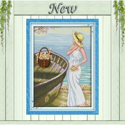 Seaside girl,counted printed on the canvas DMC 14CT 11CT Cross Stitch Sets,embroidery needlework kits,beautiful woman Home Decor