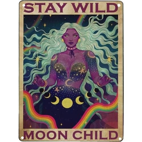 Witchy Wall Decor Stay Wild Moon Child Magic Girl Moon Star Witch Zodiac Girl Vintage Wall Art Vintage Tin Signs for Outdoor