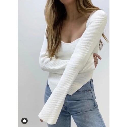 KALENMOS sweater women sexy low-cut square collar pullover white Knitting Bottoming 2020 autumn winter Basic Top woman shirt